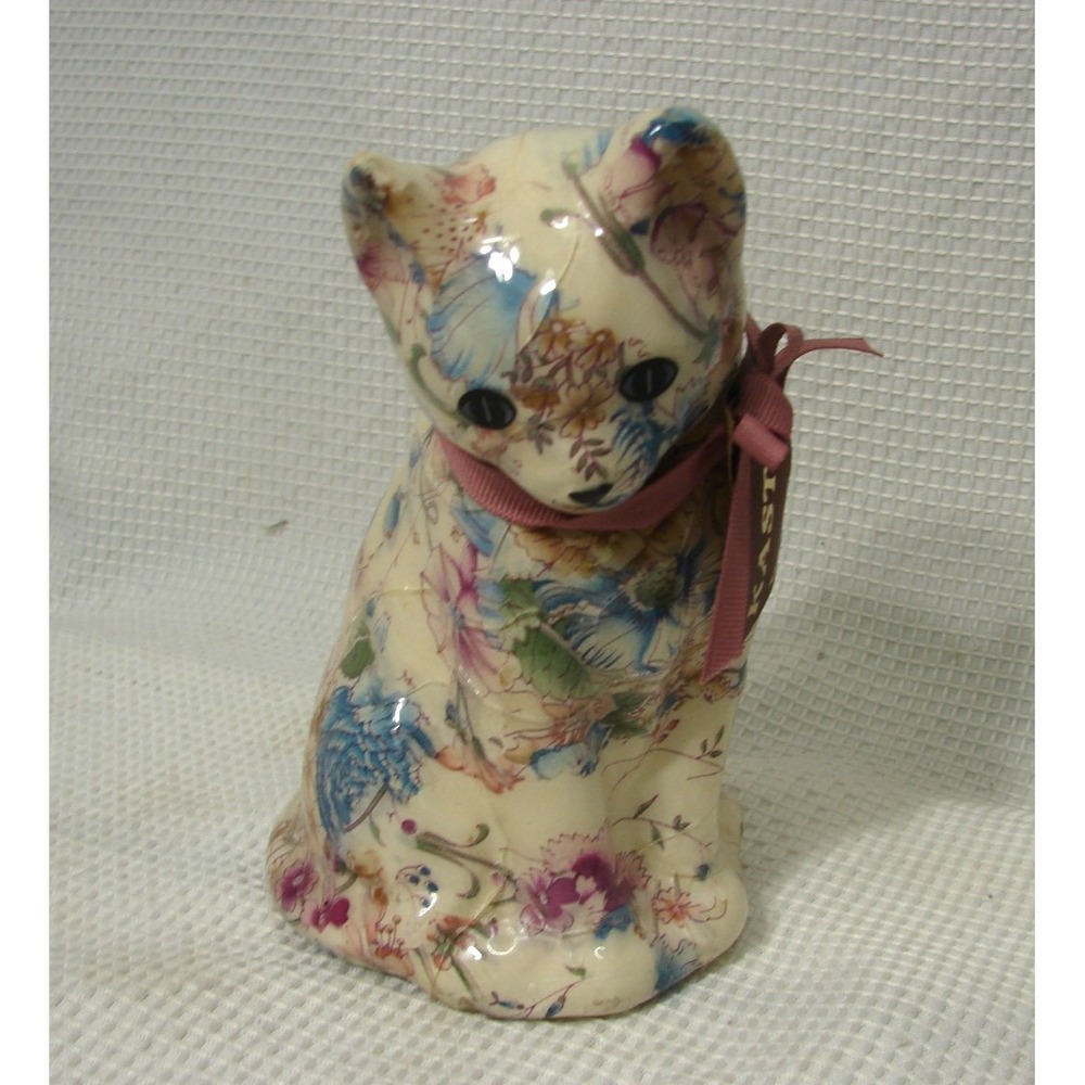 Floral Chintz Decoupage Cat Kitty Kitten Figurine Original Tags Kastro Mexico